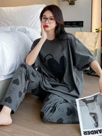 Double Heart Printed Full Sleeve Night Suit