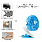 Blue portable fan with USB charging and strong airflow