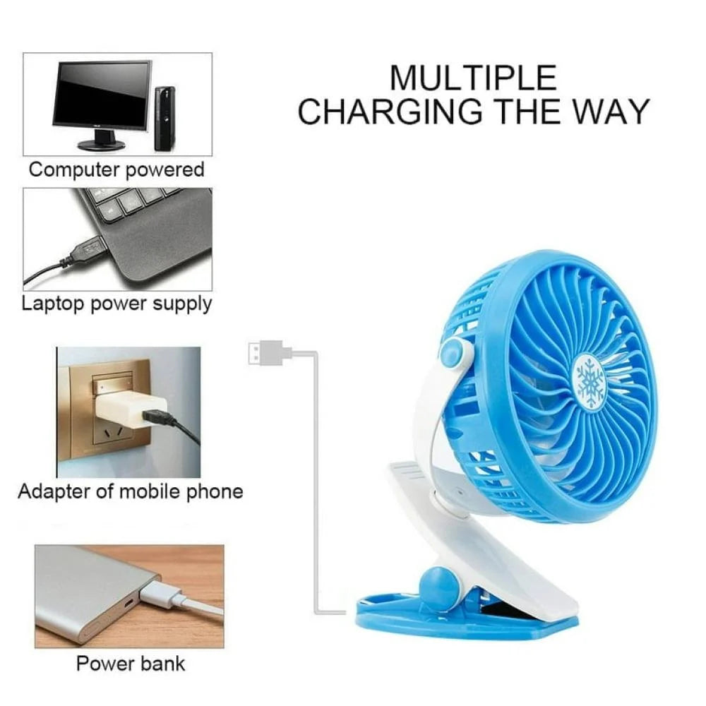 Blue portable fan with USB charging and strong airflow