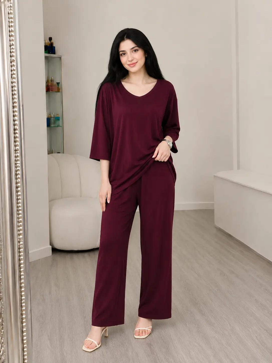 Maroon V-Neck Plazo Night Suit