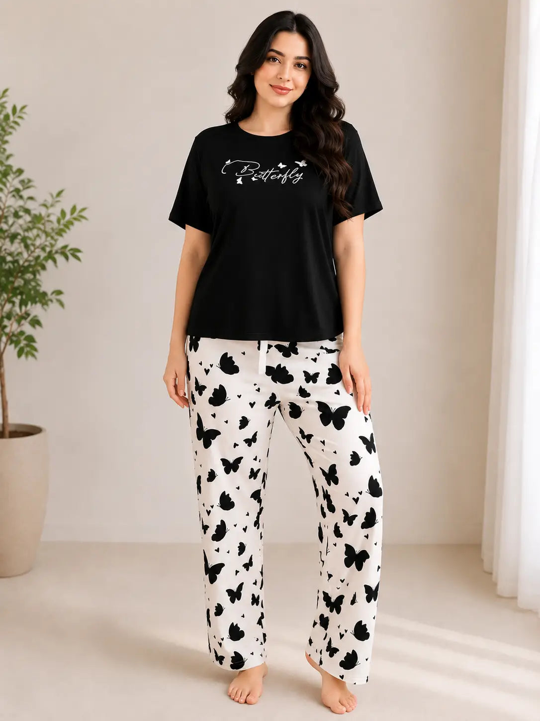 Black Small Butterfly Printed Night Suit