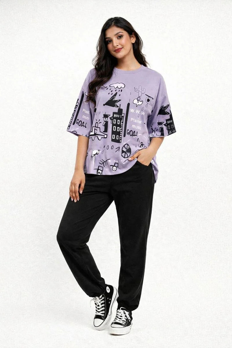Purple Planet Printed Night Suit