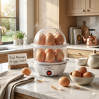 Compact electric egg boiler for home use with transparent cover