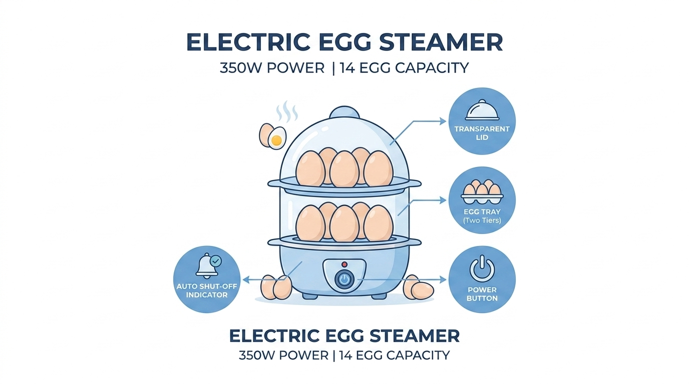 Electric egg boiler 14 eggs capacity with transparent lid and automatic cooking function