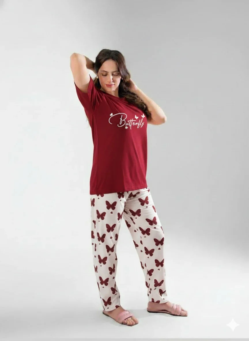 Meroon Small Butterfly Printed Night Suit