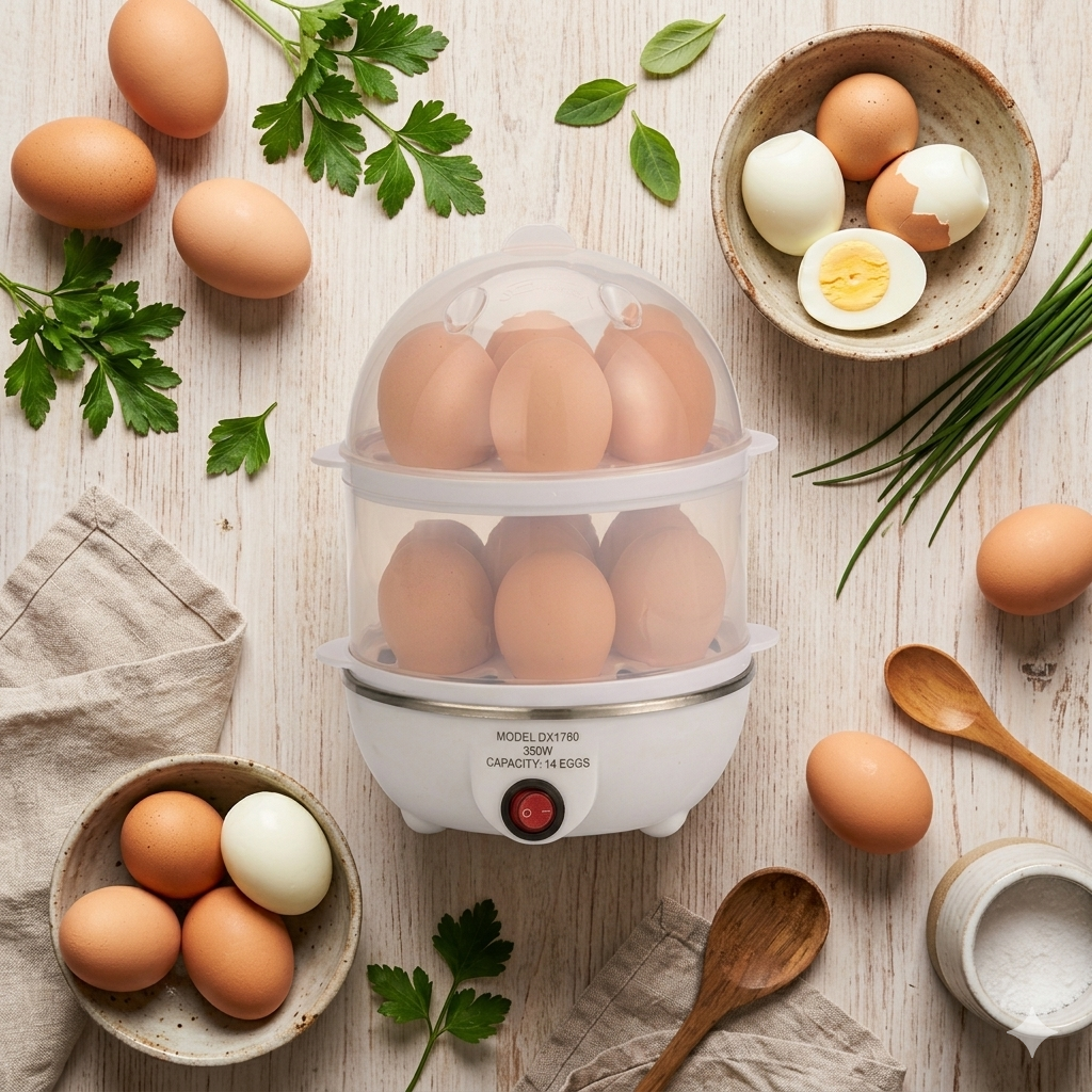 Kitchen egg cooker appliance with steam function and power button