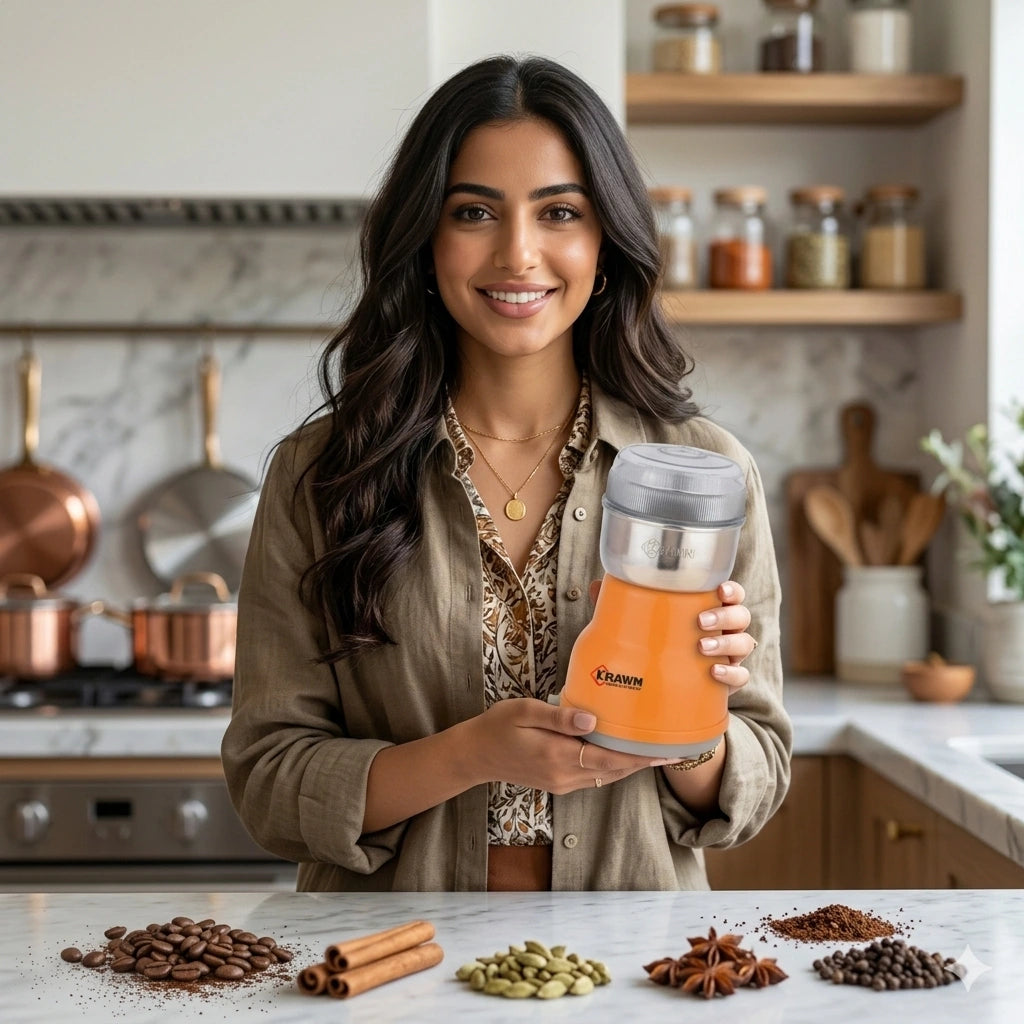 Krawn Mini Electric Coffee Grinder with stainless steel blade grinding coffee beans, spices, herbs and grains – compact one-touch kitchen grinder