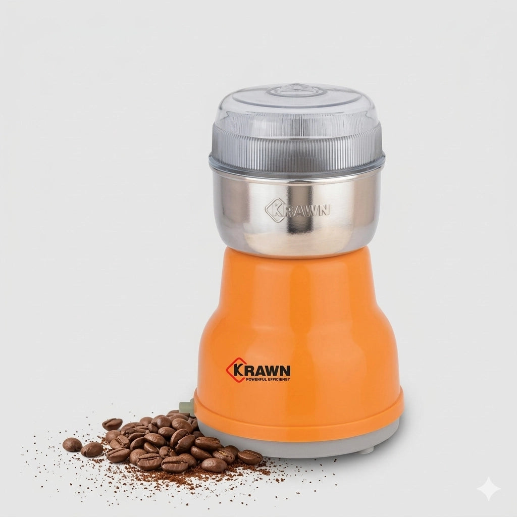 Krawn Mini Electric Coffee Grinder with stainless steel blade grinding coffee beans, spices, herbs and grains – compact one-touch kitchen grinder
