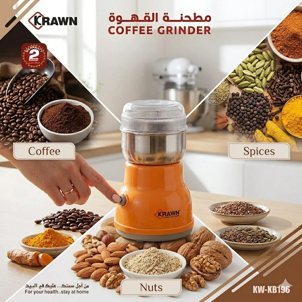 Krawn Mini Electric Coffee Grinder with stainless steel blade grinding coffee beans, spices, herbs and grains – compact one-touch kitchen grinder
