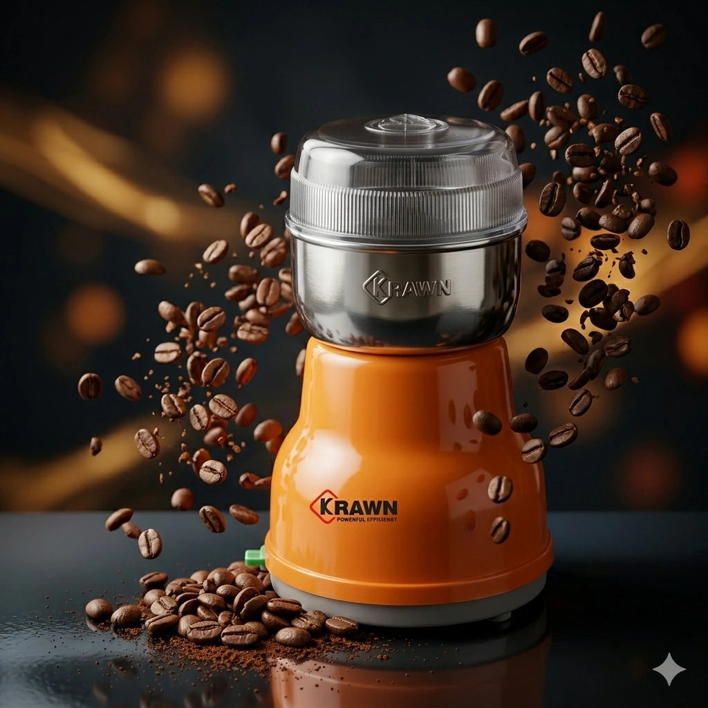 Krawn Mini Electric Coffee Grinder with stainless steel blade grinding coffee beans, spices, herbs and grains – compact one-touch kitchen grinder