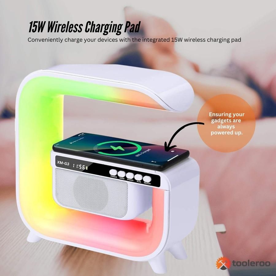 LED bedside lamp with 10W fast wireless charging and sunrise alarm clock