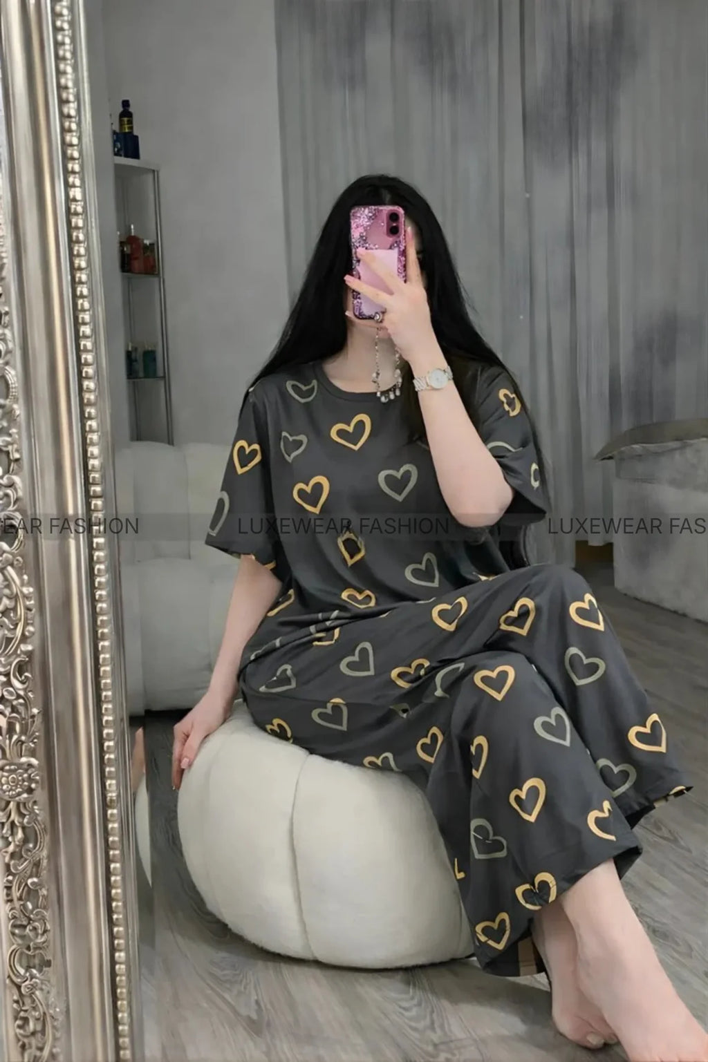 Grey Heart Printed Night Suit
