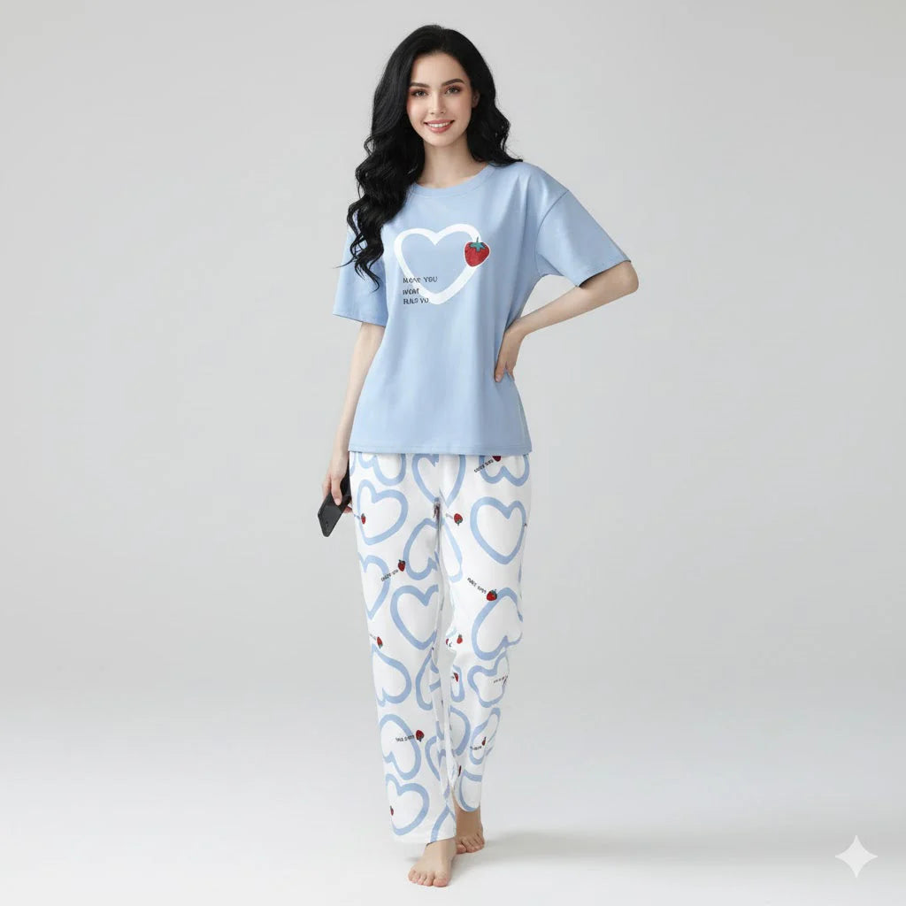 Strawberry Heart Printed Night Suit