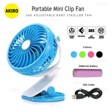 Portable USB mini fan with clip and adjustable head in blue