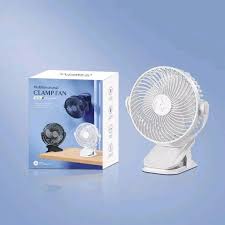 Portable rechargeable clip desk fan with 3 speed settings in white color for home and office use