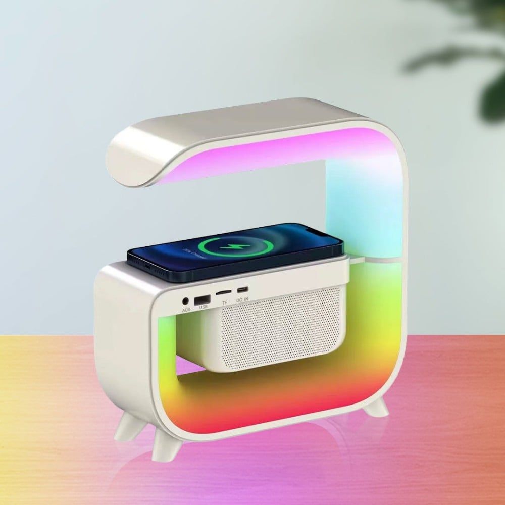Smart LED table lamp with wireless charger and Bluetooth speaker for bedroom and office