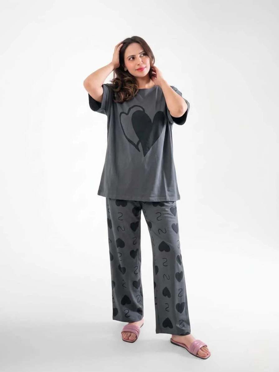 Double Heart Printed Full Sleeve Night Suit