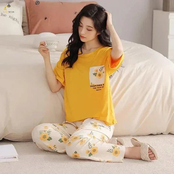 Pocket Flower Mustard Night Suit