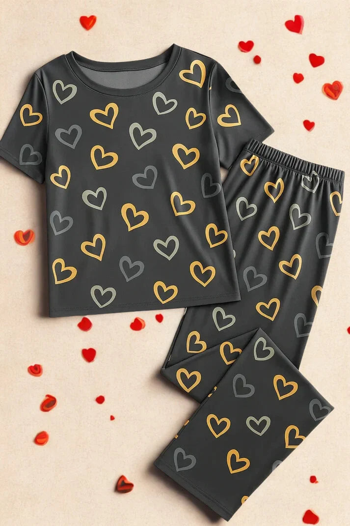 Grey Heart Printed Night Suit