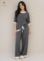 Grey White Round Neck Plazo Night Suit