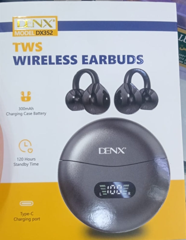 Denx DX352 Wireless Clip-On Earbuds with LED Display Charging Case and Bluetooth 5.4 Connectivity
