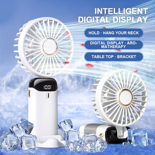 3-in-1 portable handheld mini fan with LED display and adjustable speeds for travel and outdoor use