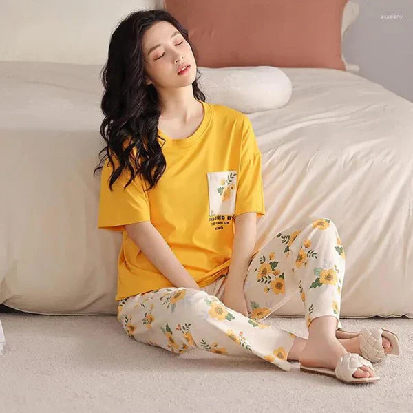Pocket Flower Mustard Night Suit